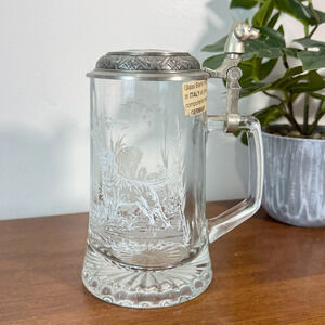 Vintage Embossed Pewter Glass Beer Stein Germany and Italy Hunting Dog Domex